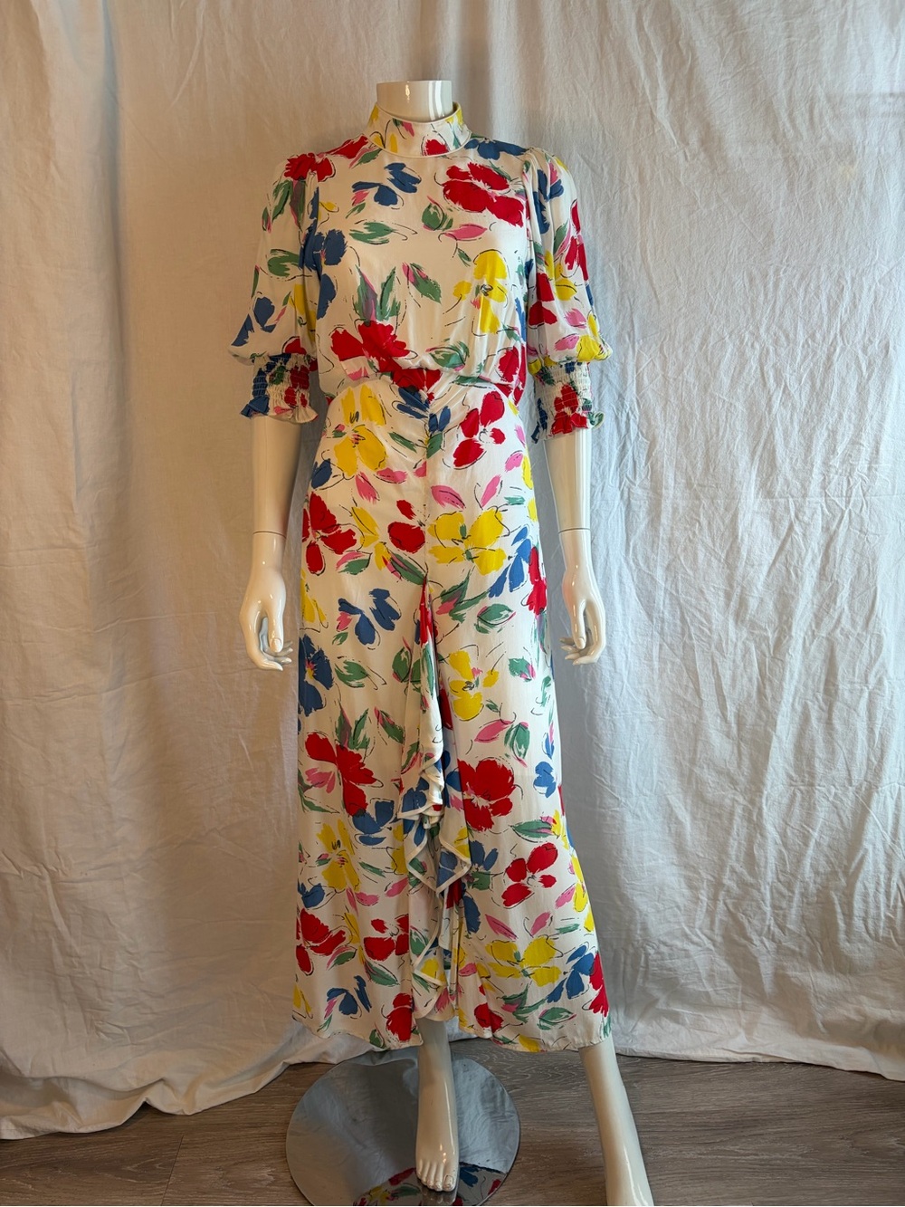 RIXO Target Floral Mock Neck Cascade Ruffle Short Sleeve Midi Dress
